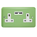Beryl Green Lily 2 Gang 13A Unswitched Socket + 2 5V DC 2100mA USB Ports White Inserts