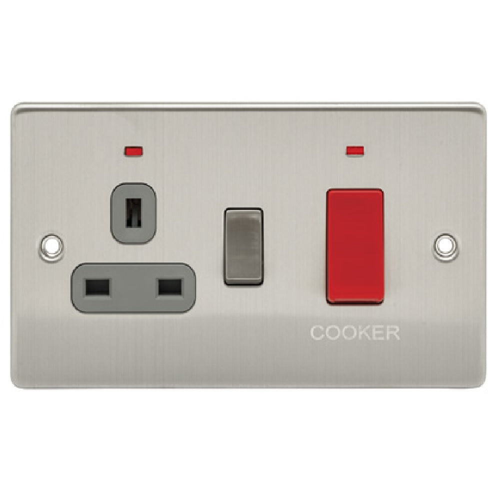 Brushed Chrome Classic Cooker Switch 45A with 13A Switched Socket Grey ...