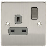 Brushed Chrome Classic 1 Gang 13A Double Pole Decorative Switched Socket Grey Inserts