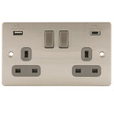 Brushed Chrome Classic 2 Gang 13A Decorative Switched Socket + USB A & USB C Ports Grey Inserts