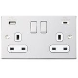 Polished Chrome Classic 2 Gang 13A Decorative Switched Socket + USB A & USB C Ports White Inserts