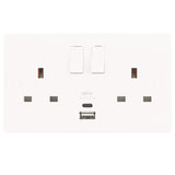 White 2 Gang 13A Switched Socket + 1 x USB A & 1 x USB C Ports (Twin Plate)