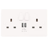 White 2 Gang 13A Switched Socket + 2 x USB A Ports (Twin Plate)