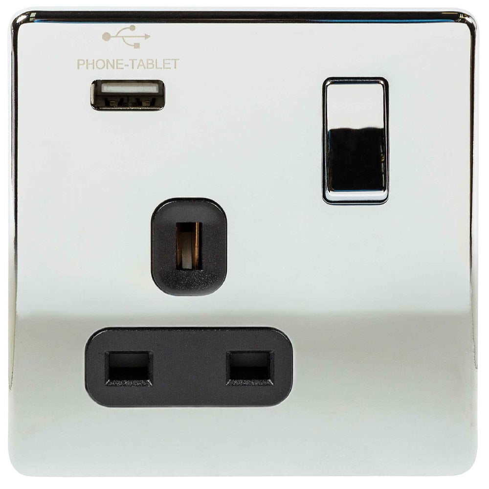 Niglon U-S131USB-PC | Polished Chrome Screwless USB Switched Socket | US131USBPC