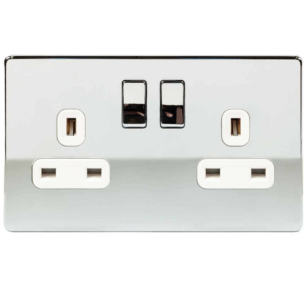 Polished Chrome Screwless 2 Gang 13A DP Decorative Switched Socket Whi ...