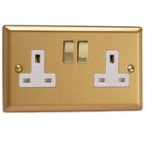 Brushed Brass Classic 2 Gang 13A Double Pole Decorative Switched Socket White Inserts