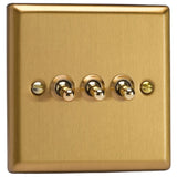 Brushed Brass Classic 3 Gang 10A 1 or 2 Way Decorative Toggle Switch