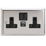 Mirror Chrome Classic 2 Gang 13A Switched Socket + USB A + USB C Ports Black Inserts