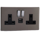 Pewter Screwless 2 Gang 13A Decorative Switched Socket + USB A + USB C Ports Black Inserts