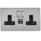 Brushed Steel Screwless 2 Gang 13A Decorative Switched Socket + USB A + USB C Ports Black Inserts