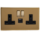 Polished Brass Screwless 2 Gang 13A Decorative Switched Socket + USB A + USB C Ports Black Inserts
