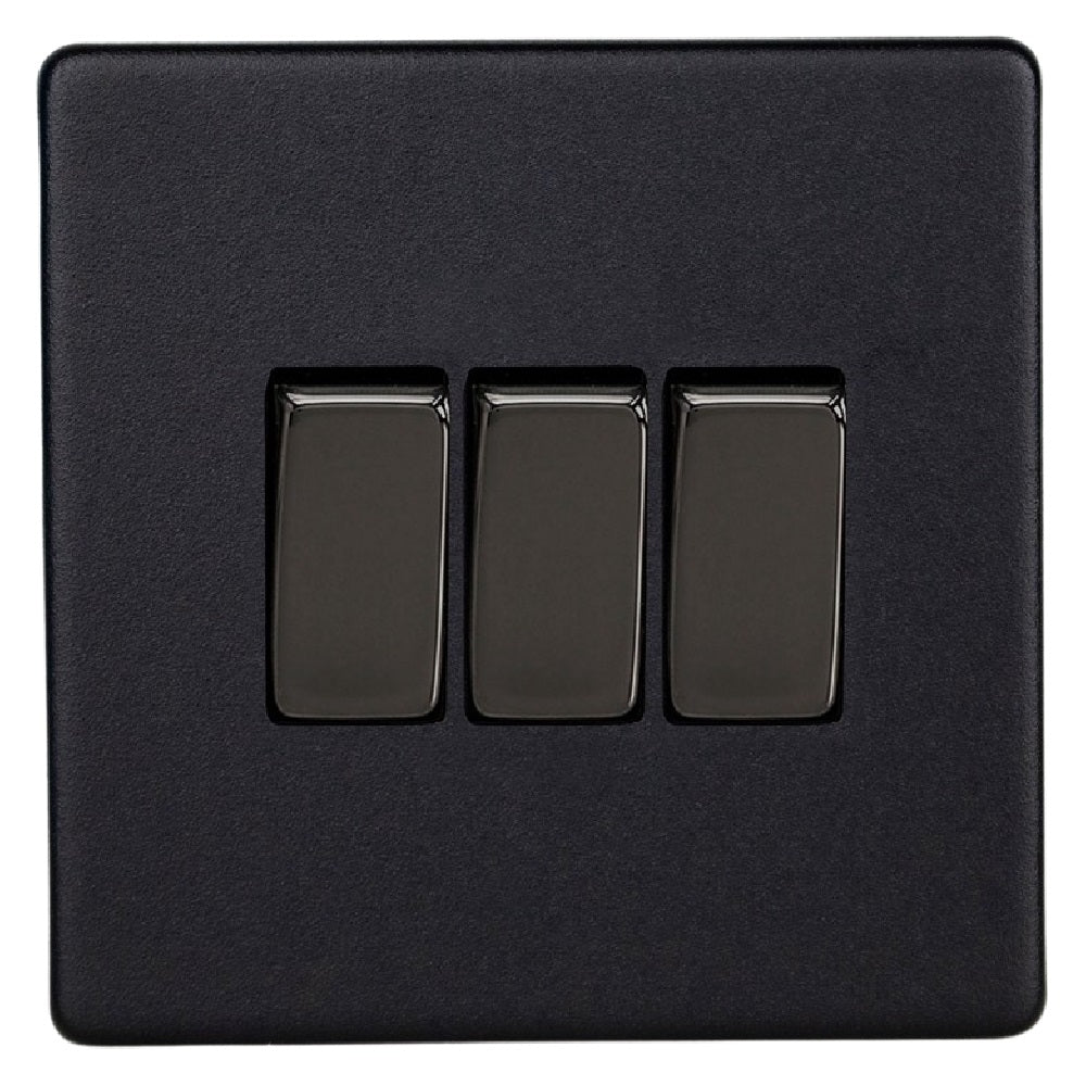 Mb Rocker Brand Matt Black Screwless Urban 3 Gang 10A 1 or 2 Way Decorative Rocker Swi ...