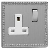 Jubilee Steel Beaded Screwless 1 Gang 13A Double Pole Decorative Switched Socket White Inserts