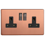 Brushed Copper Screwless Urban 2 Gang 13A Double Pole Decorative Switched Socket Black Inserts