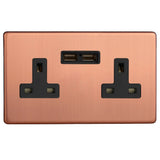 Brushed Copper Screwless Urban 2 Gang 13A Unswitched Socket + 2 5V DC 2100mA USB Ports Black Inserts