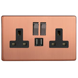Brushed Copper Screwless Urban 2 Gang 13A Decorative Switched Socket + 2 5V DC 2100mA USB Ports Black Inserts