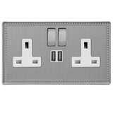 Jubilee Steel Beaded Screwless 2 Gang 13A Decorative Switched Socket + 2 5V DC 2100mA USB Ports White Inserts
