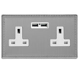 Jubilee Steel Beaded Screwless 2 Gang 13A Unswitched Socket + 2 5V DC 2100mA USB Ports White Inserts