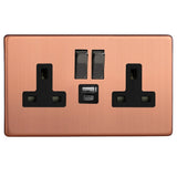 Brushed Copper Screwless Urban 2 Gang 13A Decorative Switched Socket + USB A + USB C Ports Black Inserts