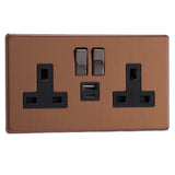 Brushed Bronze Screwless Urban 2 Gang 13A Decorative Switched Socket + USB A + USB C Ports Black Inserts