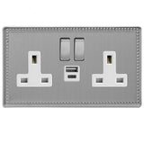 Jubilee Steel Beaded Screwless 2 Gang 13A Decorative Switched Socket + USB A + USB C Ports White Inserts