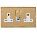 Jubilee Brass Beaded Screwless 2 Gang 13A Decorative Switched Socket + USB A + USB C Ports White Inserts