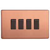 Brushed Copper Screwless Urban 4 Gang 10A 1 or 2 Way Decorative Rocker Switch (Twin Plate)