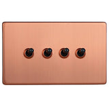 Brushed Copper Screwless Urban 4 Gang 10A 1 or 2 Way Decorative Toggle Switch (Twin Plate)