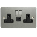 Brushed Steel Ultraflat 2 Gang 13A Decorative Switched Socket + USB A + USB C Ports Black Inserts