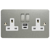 Brushed Steel Ultraflat 2 Gang 13A Decorative Switched Socket + USB A + USB C Ports White Inserts