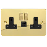 Polished Brass Ultraflat 2 Gang 13A Decorative Switched Socket + USB A + USB C Ports Black Inserts