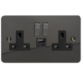 Iridium Black Ultraflat 2 Gang 13A Decorative Switched Socket + USB A + USB C Ports Black Inserts