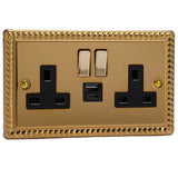 Georgian Brass Classic 2 Gang 13A Decorative Switched Socket + USB A + USB C Ports Black Inserts