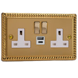 Georgian Brass Classic 2 Gang 13A Decorative Switched Socket + USB A + USB C Ports White Inserts