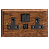 Medium Oak Kilnwood 2 Gang 13A Switched Socket + 2 x 5V DC 2100mA USB Ports Black Inserts