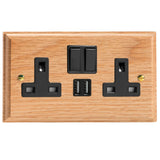 Light Oak Kilnwood 2 Gang 13A Switched Socket + 2 x 5V DC 2100mA USB Ports Black Inserts