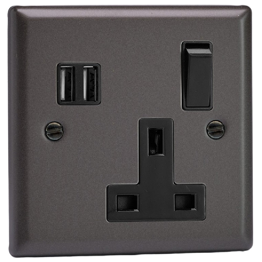 Graphite Grey Classic 1 Gang 13A Switched Socket + 2 x 5V DC 3400mA US ...