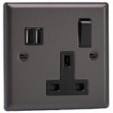 Graphite Grey Classic 1 Gang 13A Switched Socket + 2 x 5V DC 3400mA USB Ports Black Inserts