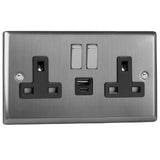 Brushed Steel Classic 2 Gang 13A Decorative Switched Socket + USB A + USB C Ports Black Inserts