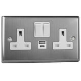 Brushed Steel Classic 2 Gang 13A Switched Socket + USB A + USB C Ports White Inserts