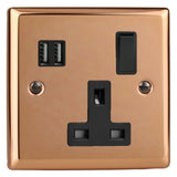 Polished Copper Urban 1 Gang 13A Switched Socket + 2 x 5V DC 2100mA USB Ports Black Inserts