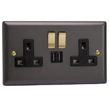 Slate Grey Vogue 2 Gang 13A Polished Brass Switched Socket + 2 5V DC 2100mA USB Ports Black Inserts