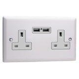 Chalk Matt White Urban 2 Gang 13A Unswitched Socket + 2 5V DC 2100mA USB Ports White Inserts