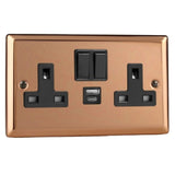 Polished Copper Urban 2 Gang 13A Switched Socket + USB A + USB C Ports Black Inserts