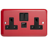 Pillar Box Red Lily 2 Gang 13A Switched Socket + USB A + USB C Ports Black Inserts