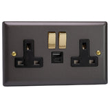 Slate Grey Vogue 2 Gang 13A Polished Brass Switched Socket + USB A + USB C Ports Black Inserts