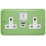 Beryl Green Lily 2 Gang 13A Switched Socket + USB A + USB C Ports White Inserts