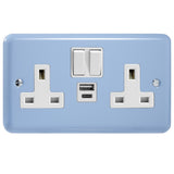 Duck Egg Blue Lily 2 Gang 13A Switched Socket + USB A + USB C Ports White Inserts