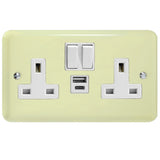 White Chocolate Lily 2 Gang 13A Switched Socket + USB A + USB C Ports White Inserts