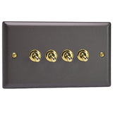 Slate Grey Vogue 4 Gang 10A 1 or 2 Way Polished Brass Toggle Switch (Twin Plate)